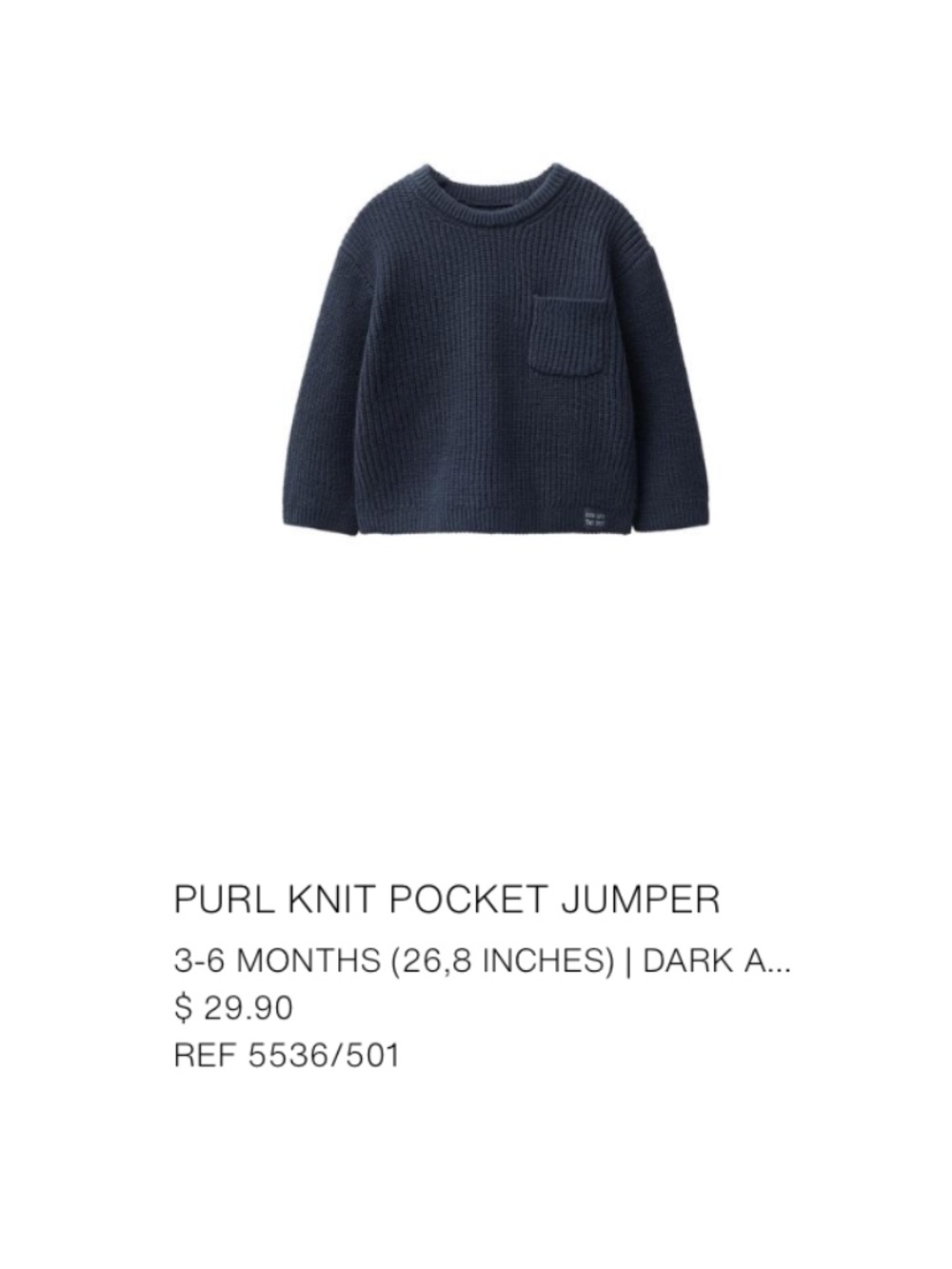ZARA Baby Purl Knit Pocket Jumper – 3–6M – Navy Blue